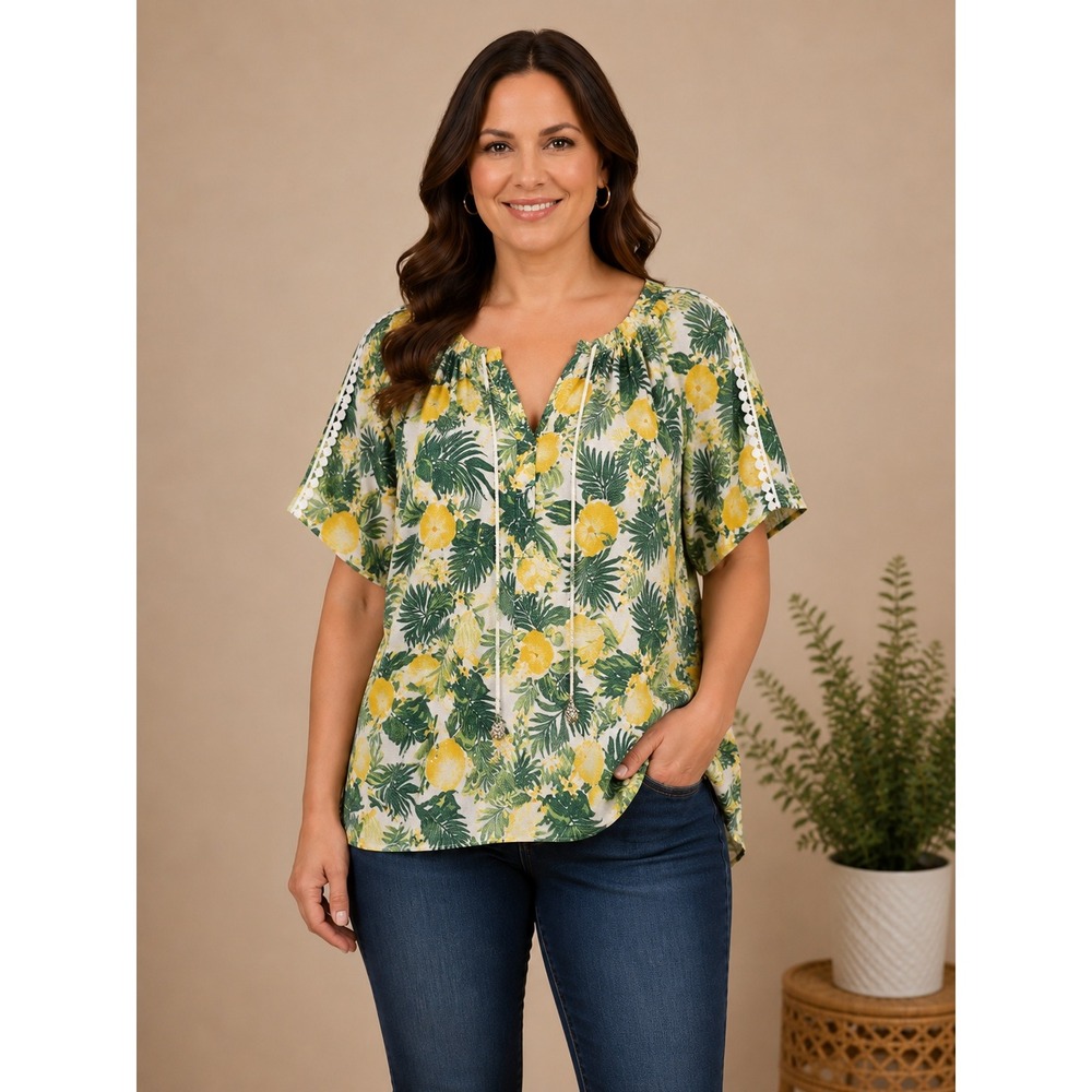 French Laundry Lemon Top Women Large White Tropical Lace‎ Trim Resort Summer